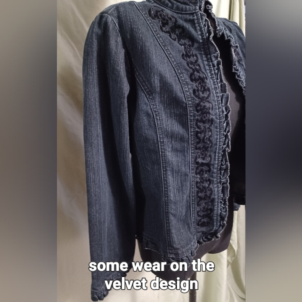 Petite Sophisticate Blue Denim Ruffle-Trim Jean Jacket Velvet Detail Design - Picture 5 of 14